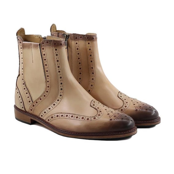 Handmade Two-tone Leather Brogue Boots • Wingtip Chelsea  display picture 2