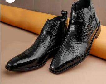 Bespoke Black Python Leather Chelsea Boots for Men, Italian Style Ankle Boots, Exotic Snake Skin Texture Shoes, Handmade Formal Dress Boots,