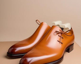 Mens Handmade Italian Leather Wholecut Oxford Dress Shoes - Tan