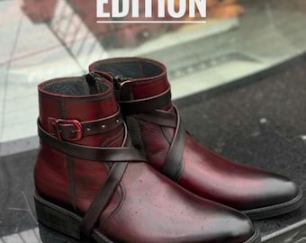 Botas Jodhpur de cuero burdeos hechas a mano, botines de vestir con hebilla para hombre.
