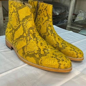 Genuine Python Skin Chelsea Boots Men | Real Exotic Leather Ankle Boots | Handmade Yellow Python Zip Boots | Luxury Statement Boots