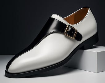 Handmade White & Black Leather Monk Strap Dress Shoes: Formal Luxury Footwear