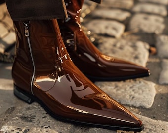 Patent Leather Pointed Toe Boots • Men's High-Shine Ankle Boots