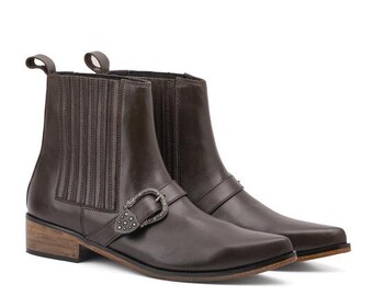 Botas de tornozelo masculinas em couro feitas à mão | Botas Chelsea estilo western com fivela