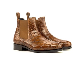 Handmade Black Croc Leather Ankle Boots | Men's Chelsea Dress Boots