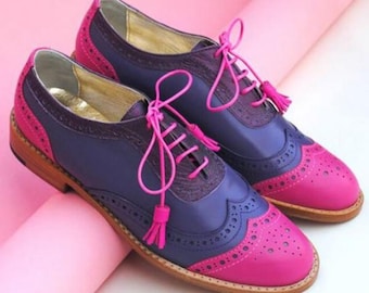Women's Pink Navy Two Tone Wingtip Oxford | Hot Pink Tassel Lace Brogue Flat | Handmade Colorful Shoes | Fun Gift For Her | Statement Shoes