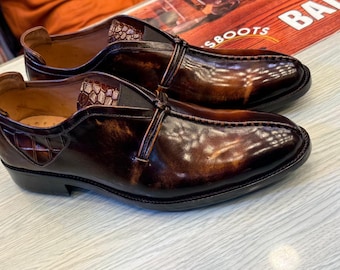 Handmade Patina Leather Dress Loafers: Croc Embossed Italian Style