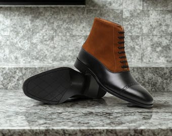 Botines de punta de ala de cuero y ante hechos a mano - Brogues de estilo italiano