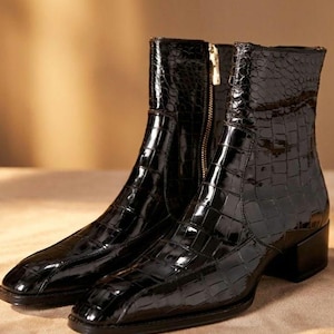Handmade Black Croc-Embossed Leather Ankle Boots, Square Toe, Side Zip (Made to Order)