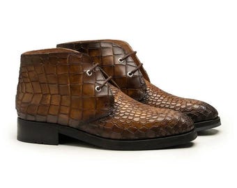 Men's Handmade Brown Crocodile Embossed Leather Chukka Boots