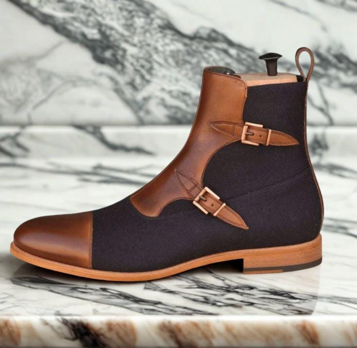 Handmade Two-tone Leather Ankle Boots | Brown & Navy and  display picture 2