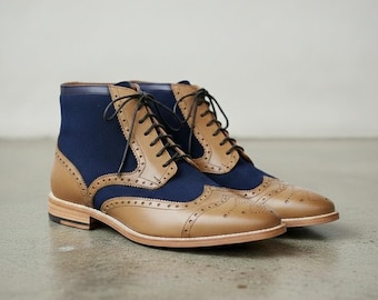 Handmade Tan Navy Leather Wingtip Brogue Boots, Formal Lace-Up Footwear