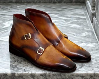 Botines de piel italiana con doble hebilla, hechos a mano - Pátina marrón