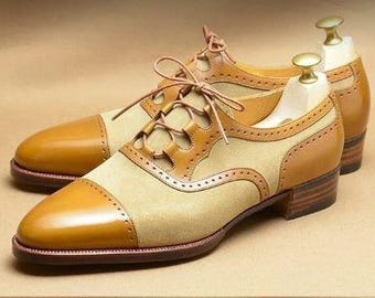 Handmade Two-Tone Leather Oxford Shoes | Tan & Cream Brogue
