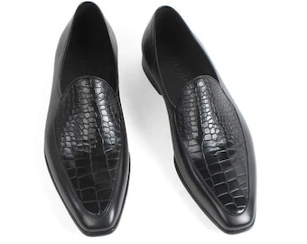 Handmade Italian Croc Embossed Loafers: Black Square Apron Toe – Exotic Texture. Wedding shoes for men.