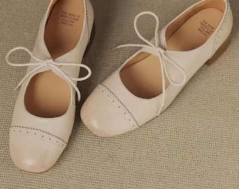 Beige Black pink Leather Mary Jane Flats | Handmade Lace-Up Ballet Flats | Brogue Detail Leather Shoes | Custom Size & Color Women's Shoes