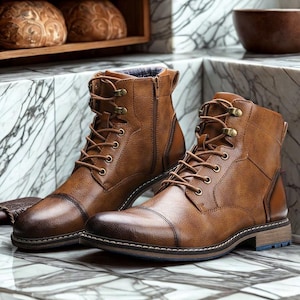 May include: A pair of brown leather boots with laces and zippers. The boots have a cap toe design and are set on a marble surface. The boots are a medium brown colour with brass-coloured eyelets and a blue accent on the sole.