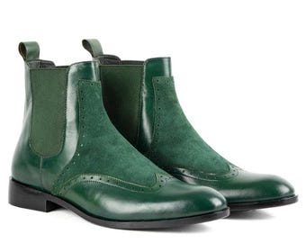 Men's Green Leather Brogue Chelsea Boots, Handmade Ankle Dress Shoes