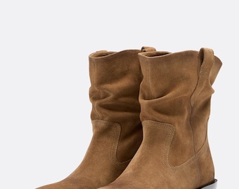 Handmade Camel Suede Slouch Boots, Pointed Toe Block Heel Ankle Booties
