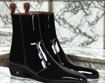 Handmade Black Patent Leather Chelsea Boots: Men's Glossy Ankle Boots