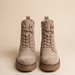 Taupe Suede Combat Boots, Womens Lace Up Ankle Boots, Handmade Leather Hiker Boots, Custom Size Chunky Sole Boots Platform boots for Men