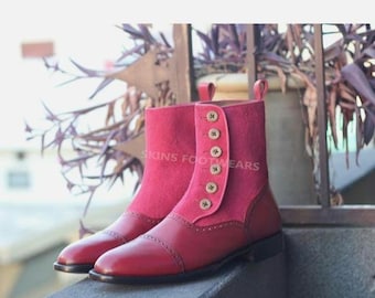 Frauen Pink Button Spat Boot | Pinker viktorianischer Stiefel aus Wolle und Leder | Handgemachter Edwardian Brogue Boot | Einzigartiges Geschenk für sie