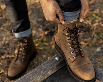 Handmade Brown Leather Ankle Boots | Men's Cap Toe Lace Up