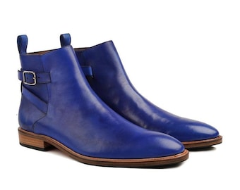 Handmade Blue Leather Ankle Boots | Buckle Strap Men's Dress Boots