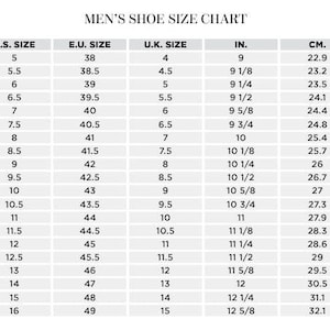 May include: A shoe size chart for men, displaying U.S., European, and U.K. sizes, along with inches and centimeters. The chart includes sizes from U.S. 5 (22.9 cm) to 16 (32.1 cm), with corresponding European and U.K. measurements.
