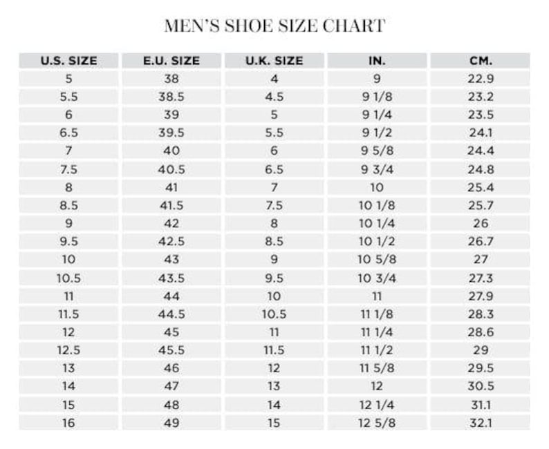 May include: A shoe size chart for men, displaying U.S., European, and U.K. sizes, along with inches and centimeters. The chart includes sizes from U.S. 5 (22.9 cm) to 16 (32.1 cm), with corresponding European and U.K. measurements.