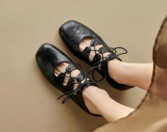 Women's Black Leather Lace Up Ballet Flat | Square Toe Mary Jane | Cutout Strappy Flat Shoe | Handmade Ballerina Shoe | Gift For Her