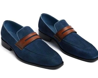 Mocassini da uomo in camoscio blu – Scarpe eleganti slip-on in pelle fatte a mano