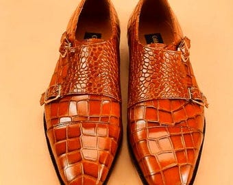 Men's Crocodile Embossed Leather Monk Strap Shoes – Handmade Double Buckle Formal Dress Shoes