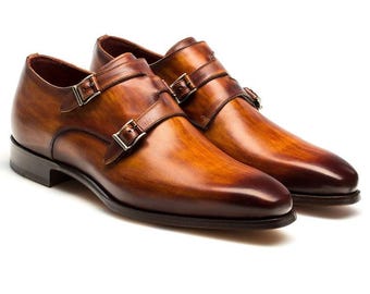 Handgefertigte Poliert Tan Leder Doppel Monk Strap Dress Schuhe