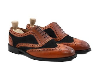 Zapatos Oxford de punta de ala de cuero marrón hechos a mano / Zapatos brogue bicolor para hombre