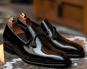 Handmade Black Patent Leather Tassel Loafers | Men's Formal Dress Shoes