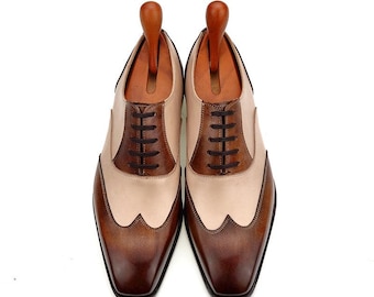 Bespoke Hand-Painted brown two-tone brogues men's Italian Goodyear welted shoes for men. Wedding gift for him