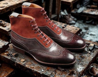 Botines de punta de ala de cuero y ante bicolor para hombre, hechos a mano - Botas brogue Spectator