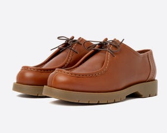 Handmade Brown Leather Moc Toe Derby Shoes: Rugged Sole - Etsy display picture 1