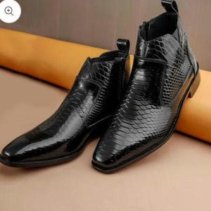Men's Black Python Leather Chelsea Boots, Italian Style Ankle Dress Shoes