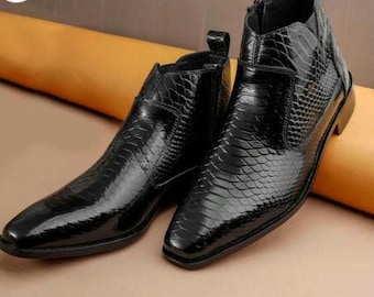 Botas Chelsea de piel de pitón negra hechas a medida para hombre, botines de estilo italiano, zapatos con textura de piel de serpiente exótica, botas de vestir formales hechas a mano,