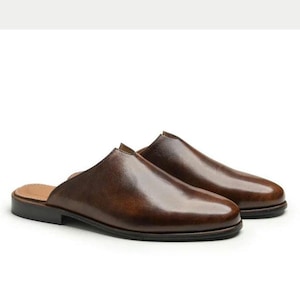 May include: A pair of brown leather slip-on shoes. The shoes have a rounded toe and a low heel. The leather has a polished finish. The shoes are designed for easy wear and are suitable for casual or semi-formal occasions.