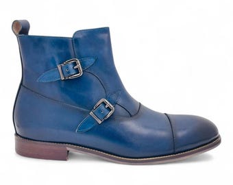 Handmade Italian Leather Ankle Boots | Blue Double Monk Strap