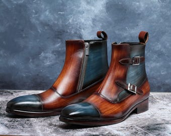 Handgefertigte Patina Leder Stiefeletten | Doppelter Monkstrap, Reißverschluss Stiefel