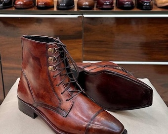 Handmade Brown Patina Leather Boots, Cap Toe Lace-Up, Custom Size (Gift For Him)