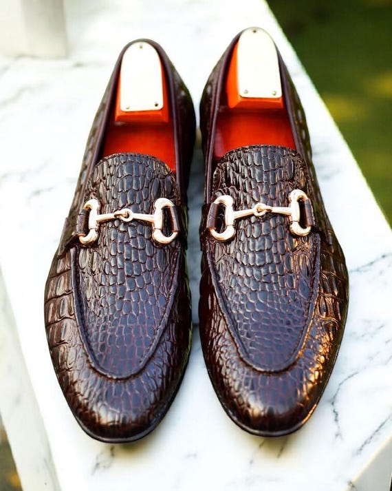 Handmade Black Croc Embossed Leather Loafers With Golden  display picture 3