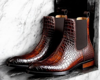 Luxuriöse, maßgefertigte Chelsea Boots aus rotem italienischem Krokodilleder | Elegante Herrenstiefel | Business-Schuhe