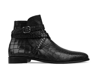 Handmade Black Croc Leather Ankle Boots | Men's Chelsea Dress Boots