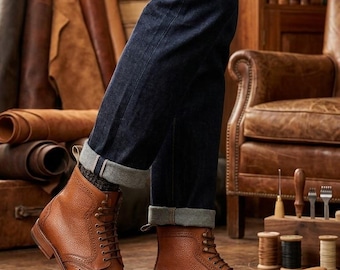 Handmade Brown Leather Wingtip Brogue Boots | Goodyear Welt, Full-Grain Leather