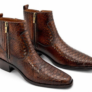 Men's Genuine Python Skin Ankle Boots, Western Cuban Heel, Zipper Closure